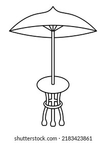 Table with an umbrella. Sketch. Outdoor interior element with protection from rain and sun. Vector illustration. Country table with a round top on three legs. Outline on isolated background. 
