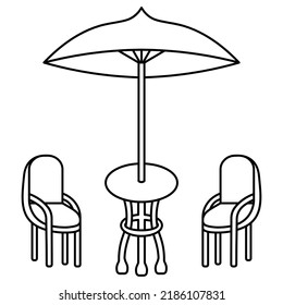 Table with umbrella and two chairs. Sketch. Outdoor furniture. Vector illustration. Outdoor interior element with protection from rain and sun. Country table with a round top on three legs. 