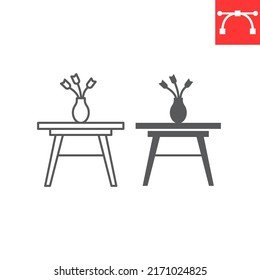 Table with vase flowers line and glyph icon, furniture and interior, coffee table and flowers vase vector graphics, editable stroke outline sign, eps 10.