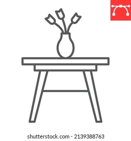 Mesa con icono de la línea de flores de jarrón, mobiliario e interior, mesa baja y florero gráficos vectoriales, símbolo de contorno de trazo editable, eps 10.
