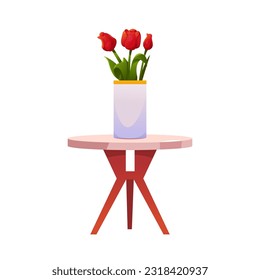 Table with a Vase and Tulips Isolated on White. Furniture. Interior Design Element. Cute Vector Illustration in Cartoon Style. 