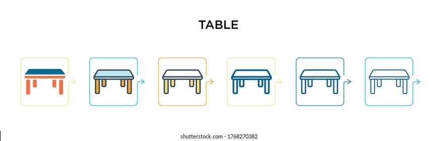 Table vector icon in 6 different modern styles. Black, two colored table icons designed in filled, outline, line and stroke style. Vector illustration can be used for web, mobile, ui