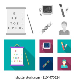 A table of vision tests, a blood test, a DNA code, an ECG apparatus. Medicine set collection icons in monochrome,flat style vector symbol stock illustration web.