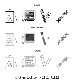 A table of vision tests, a blood test, a DNA code, an ECG apparatus. Medicine set collection icons in black,monochrome,outline style vector symbol stock illustration web.
