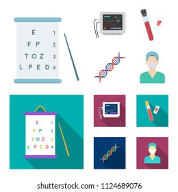 A table of vision tests, a blood test, a DNA code, an ECG apparatus. Medicine set collection icons in cartoon,flat style vector symbol stock illustration web.
