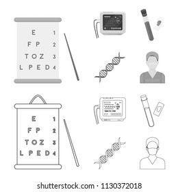 A table of vision tests, a blood test, a DNA code, an ECG apparatus. Medicine set collection icons in outline,monochrome style vector symbol stock illustration web.