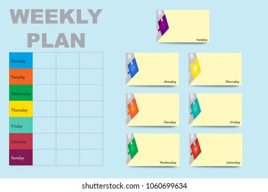 Table with a weekly schedule in the left part of the vector and a yellow cards with puzzle design for each day of the week on the right part of the vector are ready for your text. 