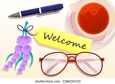 A table with welcome writing paper, to have a peaceful day, suitable for design assets, vector illustration