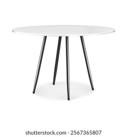 Table with white round countertop and black metal legs. Realistic 3d vector mockup. Four legged circular counter desk. Mock-up