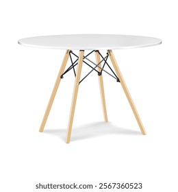 Table with white round countertop and wooden legs. Realistic 3d vector mockup. Four legged circular counter desk. Mock-up