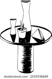 Table wiith vases on it. Doodle home furniture. Hand drawn vector illlustation on white background
