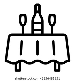 Tisch mit Weinflasche und Gläser Linie Symbol, Dating-und Beziehungskonzept, Dinner-Vektorzeichen auf weißem Hintergrund, Umriss-Stil Symbol für mobiles Konzept und Web-Design. Vektorgrafik