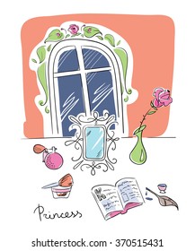 Table of a woman with her things lying around: mirror, flower, perfume, diary. Line art illustration vector eps 10