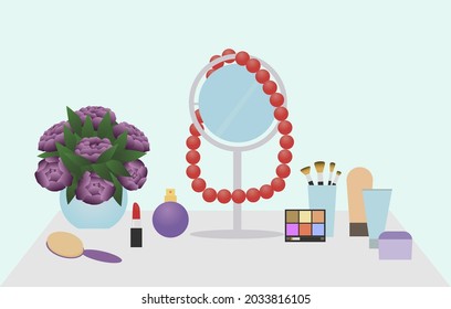 mesa con accesorios y cosméticos para mujeres