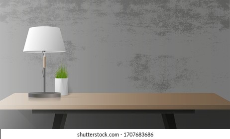 Una mesa con una sombra de madera y una sombra negra. Lámpara de mesa, planta interior. Muro de hormigón gris. Ilustración vectorial.