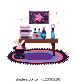 table wooden with witchcraft items
