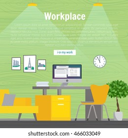 Table and work on the computer. Business, office work, workplace yellow and green color. Flat design vector illustration.
