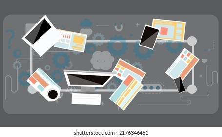 table work perspective top.idea and concept creativity illustration business.,success,plan,think,search,analyze,communicate, futuristic idea innovation technology.