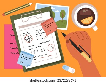 Table workplace school business desk checklist organization concept. Vector flat graphic design illustration
