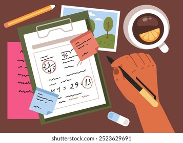 Concepto de organización de la lista de verificación del escritorio de negocios de la escuela de trabajo de mesa. Ilustración de Diseño gráfico plano de Vector