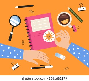 Table workplace school business desk checklist organization concept. Vector flat graphic design illustration