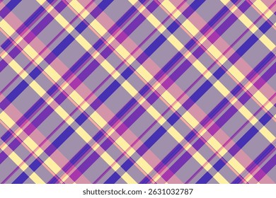 Tablecloth check tartan vector, yard texture pattern background. Outside seamless plaid textile fabric in pastel and purple colors palette.
