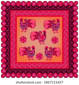 Tablecloth, napkin, pillowcase or carpet with patterned roosters in folk style and bright floral frame. Print for fabric.
