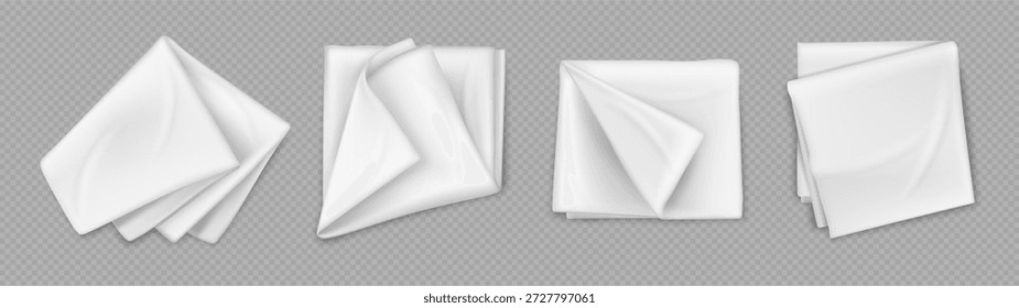 Tischdecke oder Servietten für Gäste. Vektorrealistisches Set aus sauberem Taschentuch oder Gewebe. Handtuch zum Abwischen, gefalteter Deckel im Restaurant oder Café. Geschirrtücher zum Trocknen von Platten. Natürliche Baumwolltextur