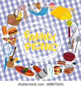Tablecloth with objects and products for a picnic