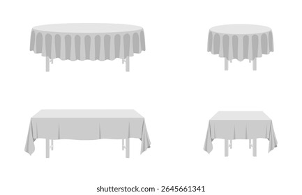 tablecloth on round, oval, rectangle and square tables. vector illustration isolated on white background.
