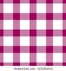 Tablecloth pattern. Gingham / vichy texture variation. Seamless tile. Bright magenta color. Pixel texture.