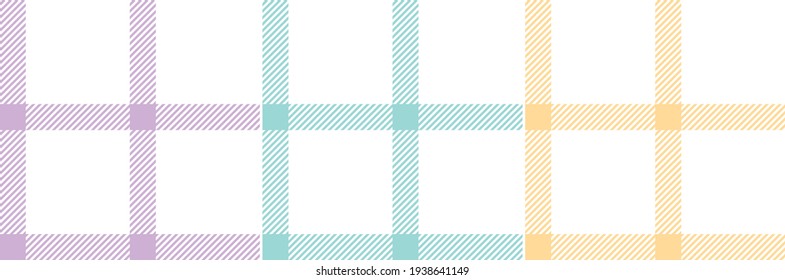 Tablecloth pattern set in pastel purple, green, yellow, white for spring summer. Seamless tartan check plaid windowpane tattersall for spring summer picnic blanket, other textile or paper prints.