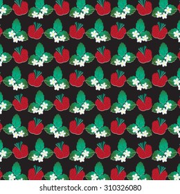 Tablecloth pattern with strawberry, leaves, and flowers on black background - vector illustration.