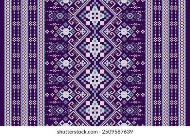 Tablecloth pattern,floral cross stitch pattern on purple background.geometric ethnic pattern vector illustration,Aztec style,abstract background.design for texture,fabric,clothing,decoration,tableclot