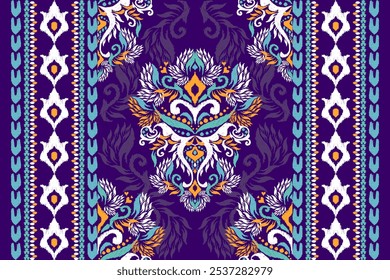 Patrón de mantel, patrón floral Ikat, patrón oriental étnico Ikat sobre fondo púrpura, Ilustración vectorial, bordado de frontera Ikat, estilo azteca. diseño para textura, tela, ropa, decoración, impresión, alfombra.