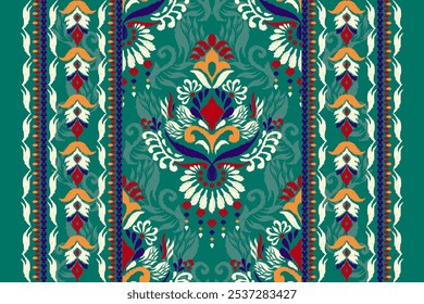 Patrón de mantel, patrón floral Ikat, patrón oriental étnico Ikat sobre fondo verde, Ilustración vectorial, bordado de frontera Ikat, estilo azteca. diseño para textura, tela, ropa, decoración, impresión, alfombra.