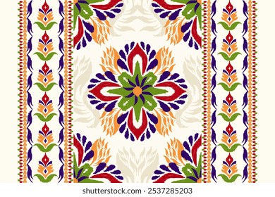 Tischdeckenmuster, Ikat Blumenmuster, Ikat ethnisch-orientalisches Muster auf   Weißer Hintergrund, Vektorgrafik, Ikat-Randstickerei, Aztekenstil.design für Textur, Stoff, Kleidung, Dekoration, Druck.