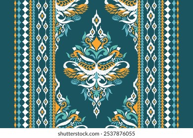 Patrón de mantel, patrón floral Ikat, patrón oriental étnico Ikat sobre fondo verde, Ilustración vectorial, bordado de frontera Ikat, estilo azteca. diseño para textura, tela, ropa, decoración, impresión, alfombra.