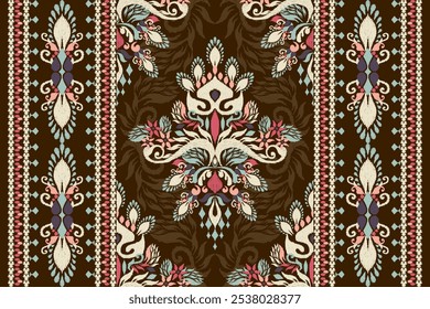 Tablecloth pattern,Ikat floral pattern,Ikat ethnic oriental pattern on brown background,vector illustration,Ikat border embroidery,Aztec style.design for texture,fabric,clothing,decoration,print,rug.