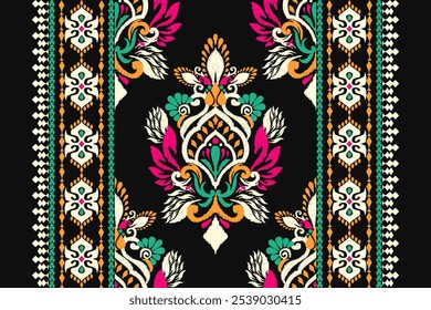 Patrón de mantel, patrón floral Ikat, patrón oriental étnico Ikat sobre fondo negro, Ilustración vectorial, bordado de la frontera Ikat, estilo azteca. diseño para textura, tela, ropa, decoración, impresión, alfombra.