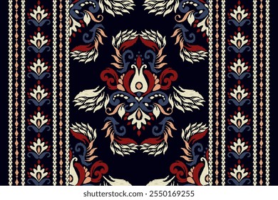 Patrón de mantel, patrón floral Ikat, patrón oriental étnico Ikat sobre fondo negro, Ilustración vectorial, bordado de la frontera Ikat, estilo azteca. diseño para textura, tela, ropa, decoración, impresión, alfombra.