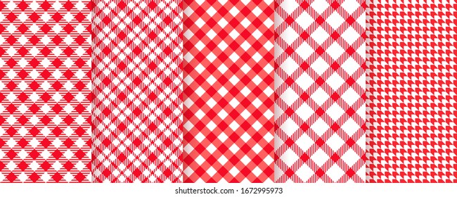 Tablecloth picnic seamless pattern. Red gingham background. Vector. Plaid cloth napkin texture. Checkered diagonal kitchen print. Retro wallpaper with check square glen houndstooth. Color illustration