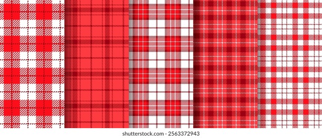 Tablecloth red background. Cloth seamless pattern. Checkered gingham prints. Set Vichy kitchen textures. Picnic plaid backdrops. Tartan wrap wallpaper. Vector illustration. Table lumberjack textile.