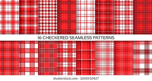 Tablecloth seamless pattern. Gingham red background. Checkered table cloth. Plaid lumberjack textures. Vintage kitchen prints. Set retro tartan wallpapers. Vichy fabric textile. Vector illustration.