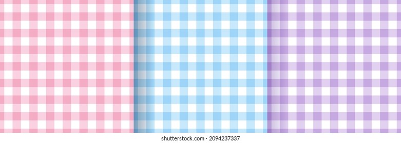 Tablecloth seamless patterns. Check gingham textures. Set of vichy backgrounds. Plaid picnic prints. Pastel retro wallpapers. Tartan textile grid. Flannel backdrop. Vector illustration.