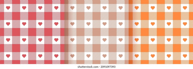 Patrones sin costura. Compruebe las huellas de las vichy. Conjunto de orígenes de gingham con corazones. Papeles retro. Cuadrícula textil de Tartán. Sombras de fondo. texturas de fieltro. Ilustración vectorial.