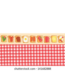 tablecloth with toasts. egg, chocolate, bacon, tomato, butter, jam, fish, cucumber on toast