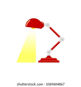 Table-lamp or desk lamp icon. Red electric retro anglepoise lamp with lightbulb, desktop workspace flexible adjustable illumination equipment. Vector flat illustration isolated