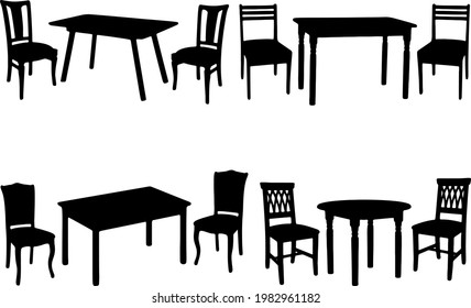 Tables and chairs for the kitchen in the set. Vector image.