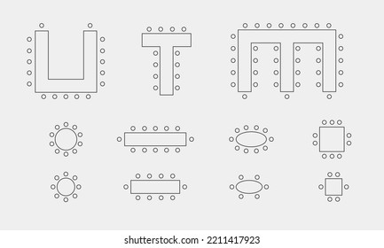 Esquema de iconos de línea de mesas y sillas. Los símbolos de mobiliario utilizados en la arquitectura planean la vista superior. Ilustración del vector